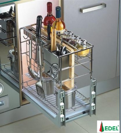 Giá đựng gia vị. chai lọ, dao thớt giảm chấn gắn gắn liền, gắn chất liệu inox nan vuộng mạ crom cao cấp ED.300