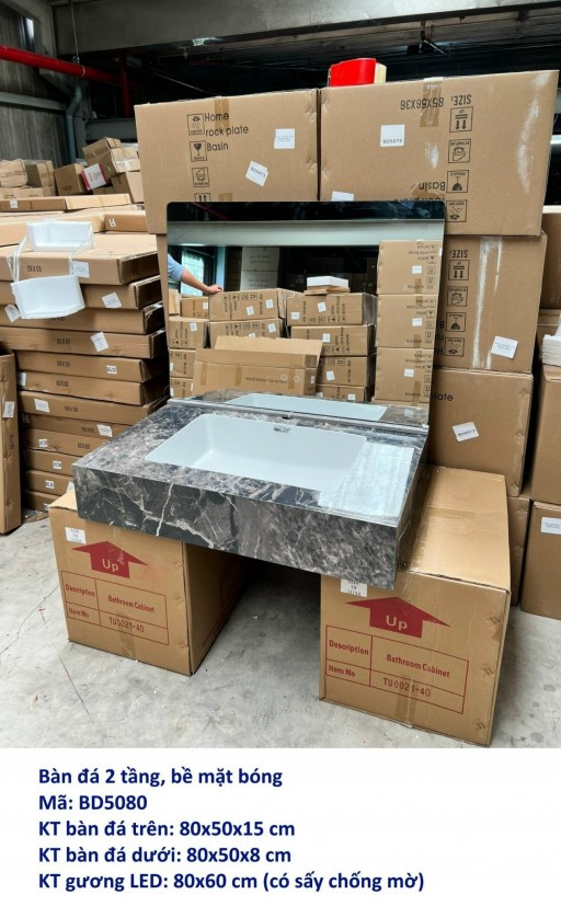 Combo bàn đá 2 tầng, lavabo liền khối vân đá, bề mặt bóng