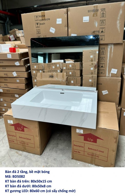 Combo bàn đá 2 tầng, lavabo liền khối, trắng vân mây, bề mặt bóng