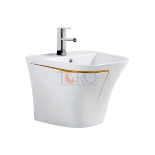 LAVABO TREO TƯỜNG LIỀN KHỐI TRẮNG VIỀN VÀNG CT-03